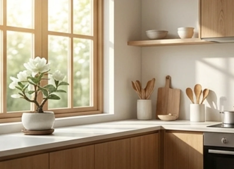 Không gian gian bếp tràn ngập ánh sáng tự nhiên giúp hóa giải mâu thuẫn gia đạo