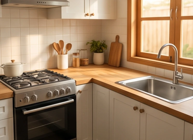 Không gian nhà bếp sạch sẽ với bếp nấu và bồn rửa được bố trí cách xa nhau đảm bảo an toàn tuyệt đối