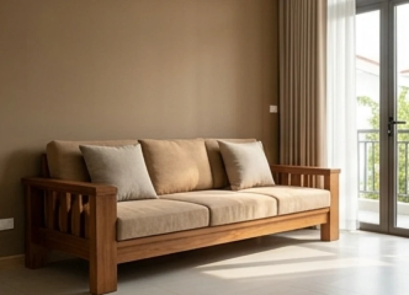 Ghế sofa gỗ bọc nệm được đặt tựa lưng vững chắc vào mảng tường đặc trong phòng khách
