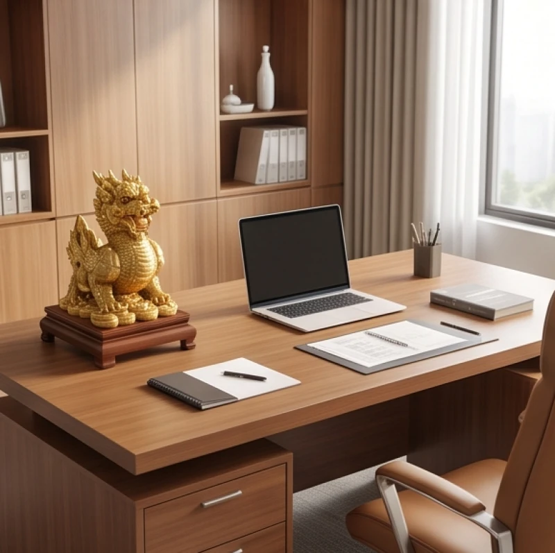 Bàn làm việc gọn gàng với bức tượng tỳ hưu đặt phía bên tay trái người ngồi, giữ khoảng không thoáng đãng