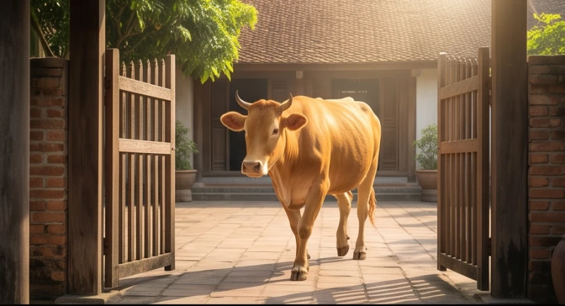 Mơ thấy bò là điềm báo gì: Giải mã chi tiết và mẹo hóa giải 2 Một con bò vàng khỏe mạnh bước qua cánh cổng gỗ truyền thống tiến vào khoảng sân ngập nắng
