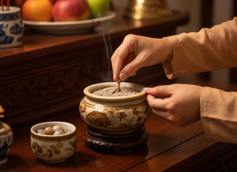 Văn khấn lập điện thờ tại gia: Trình tự an vị và sắm lễ chuẩn 8 Gia chủ cẩn thận xúc tro nếp và đặt cốt thất bảo vào bát hương gốm sứ Bát Tràng trong nghi thức an vị