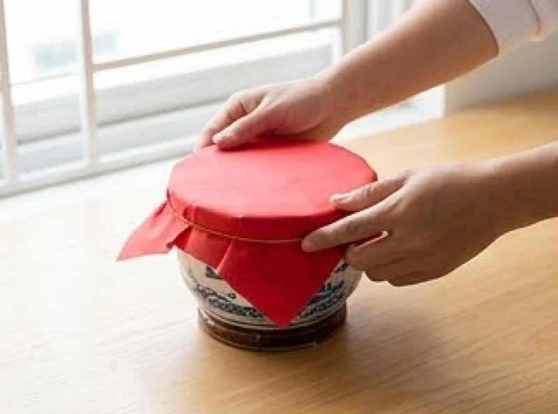 Miệng bát hương được bọc kín bằng lớp giấy đỏ trang trọng trước khi rời khỏi vị trí cũ