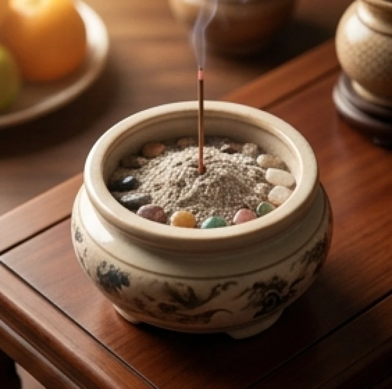 Chiếc bát hương gốm sứ mới được nạp cốt thất bảo và rải tro nếp cẩn thận để chuẩn bị an vị