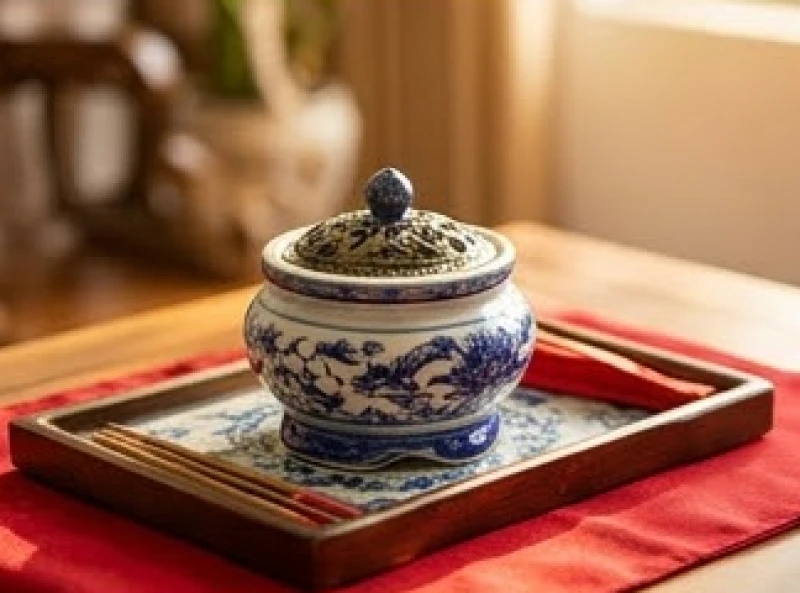 Cách bài trí bàn thờ Thần Tài cho tuổi Sửu: chuẩn hướng 5 nạp âm 4 Bát nhang bằng sứ men lam được đặt trang trọng trên mâm lễ trong nghi thức an vị bàn thờ Thần Tài