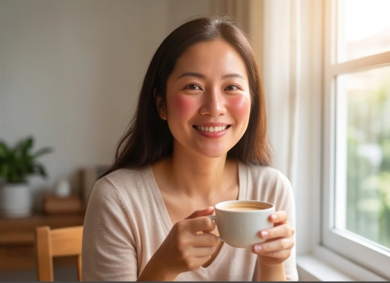 Người phụ nữ mỉm cười đón nhận tin vui buổi sáng bên ly cà phê ấm nóng
