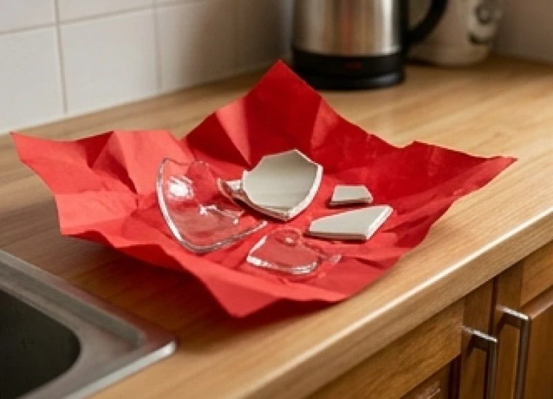 Các mảnh vỡ của ly chén được bọc kín cẩn thận bằng giấy màu đỏ để ngăn chặn năng lượng xấu phát tán