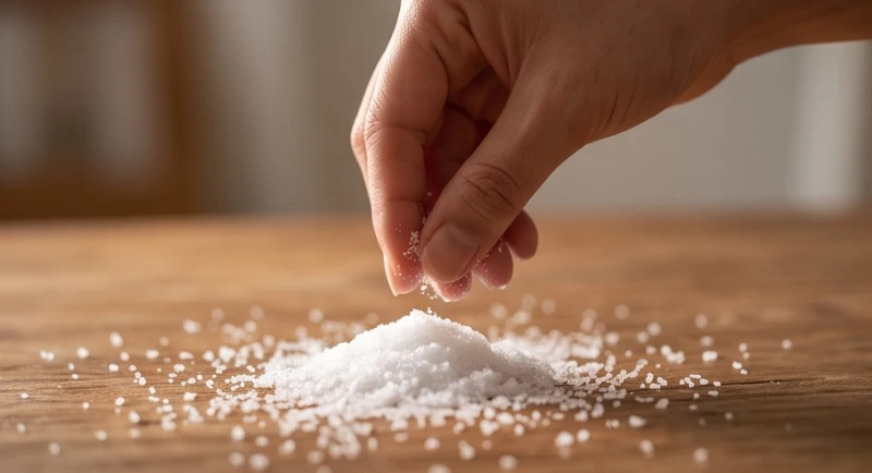 Bàn tay bốc một nhúm nhỏ từ chính đống muối dơ vừa bị đổ trên mặt bàn