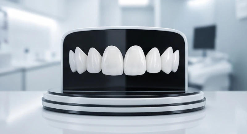 Mẫu hàm răng sứ trắng sáng và các dụng cụ nha khoa hiện đại, phản ánh khát vọng tái định vị bản thân qua nụ cười