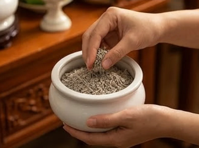 Người làm lễ dùng tay bốc từng vốc tro trấu tự nhiên cho vào lòng bát hương sứ trắng theo nhịp đếm