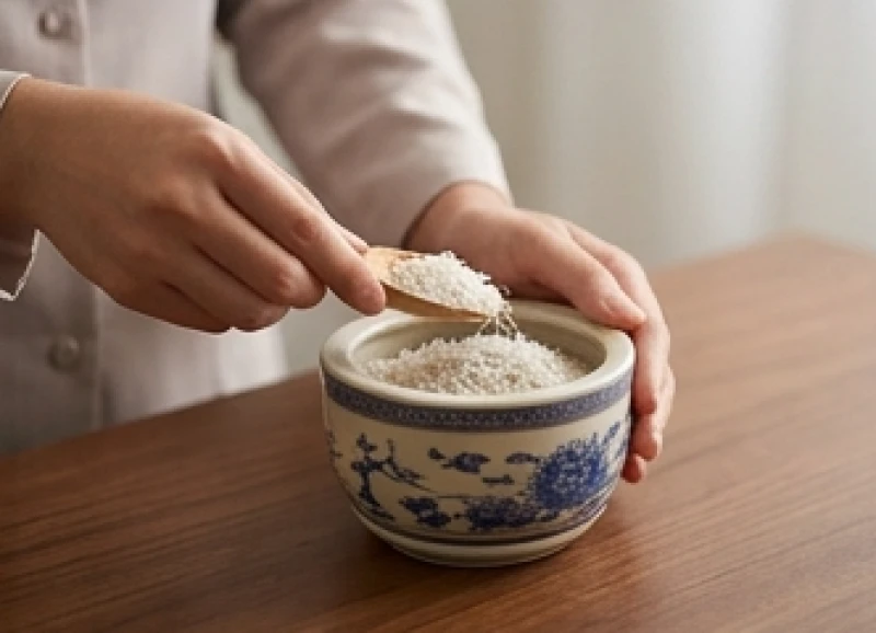 Đôi bàn tay gia chủ đang cẩn thận bốc từng vốc tro nếp tơi xốp cho vào bát hương mới