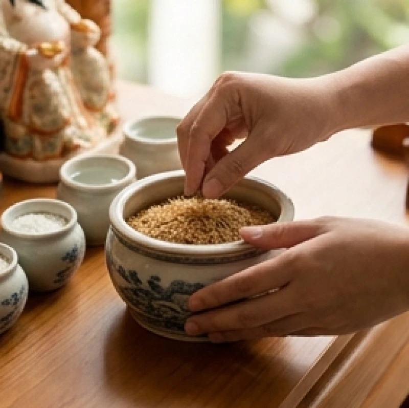 Cách bài trí bàn thờ Thần Tài cho tuổi Dần: chuẩn sơ đồ 5 mệnh 6 Đôi bàn tay cẩn thận bốc từng vốc tro trấu sạch cho vào bát hương bằng gốm sứ