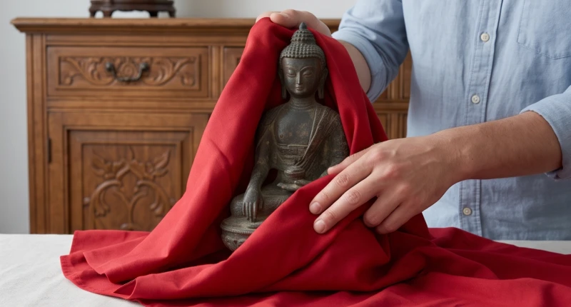 Một bức tượng trang trí cũ đang được gia chủ cẩn thận dùng tấm vải đỏ sạch bọc kín lại để cất đi hóa giải tương xung