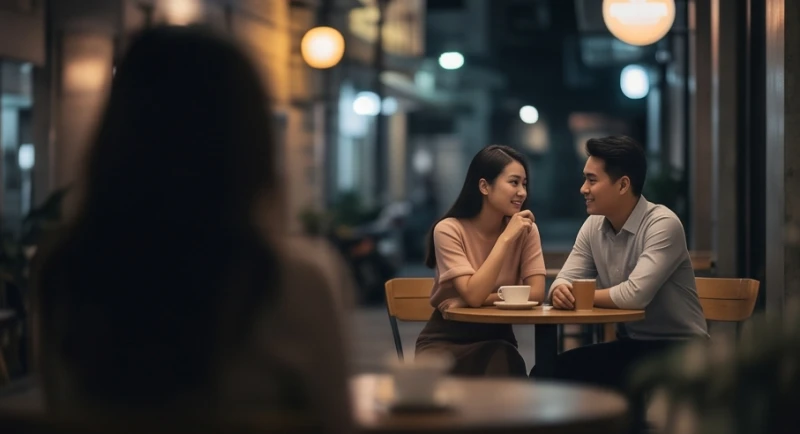 Một người phụ nữ mờ ảo đứng quan sát một cặp đôi đang trò chuyện vui vẻ từ đằng xa