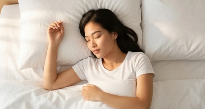 Người phụ nữ đang nằm ngủ yên bình trên giường với vẻ mặt thư giãn và mỉm cười nhẹ nhàng