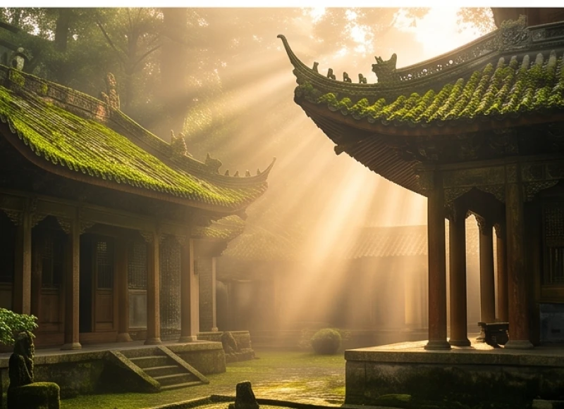 Một góc đền thờ cổ kính hiện lên sống động với những chi tiết rêu phong mang lại cảm giác thân thuộc sâu thẳm