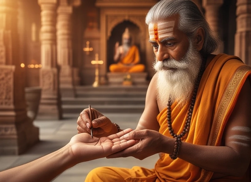 Tu sĩ Bà La Môn quan sát cấu trúc bàn tay và các đường vân trong không gian Ấn Độ cổ đại