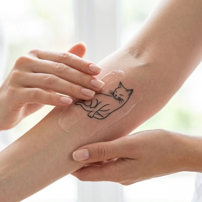 Lớp kem dưỡng ẩm phục hồi mỏng nhẹ được thoa đều lên vùng da xăm mới hoàn thiện để bảo vệ