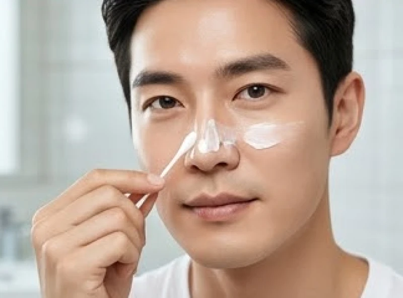 Nam giới cẩn thận dùng tăm bông thoa kem dưỡng chứa Panthenol lên vùng da mũi vừa tẩy nốt ruồi