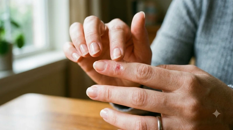Đầu ngón tay đang cẩn thận thoa một lớp mỏng kem trị sẹo lên vị trí vừa mới thực hiện tẩy nốt ruồi