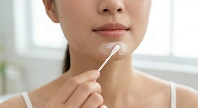 Dùng tăm bông y tế thoa kem trị sẹo lên vùng da dưới cằm đang lên da non sau khi tẩy nốt ruồi