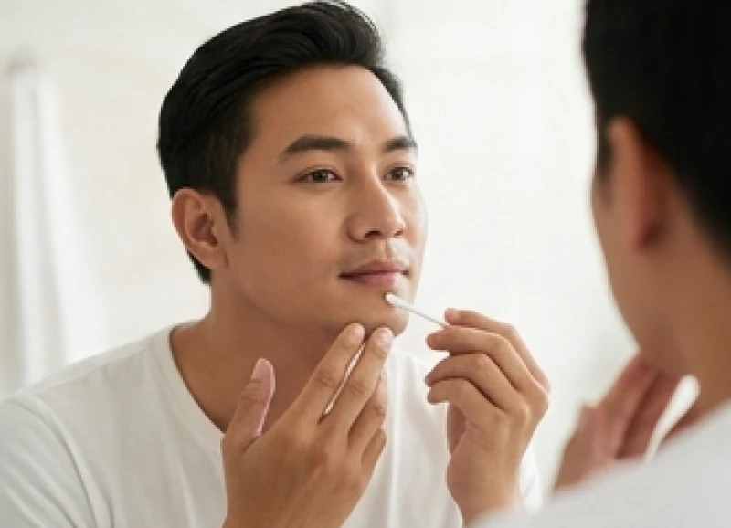Nốt ruồi ở cằm nam: luận giải tướng số và tư vấn y khoa 9 Nam giới dùng tăm bông bôi kem dưỡng phục hồi lên vùng da vừa tẩy nốt ruồi ở cằm nam