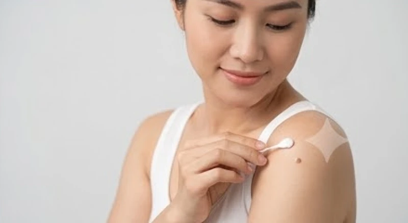 Nốt ruồi ở vai trái: Giải mã ý nghĩa tướng số và lưu ý khi tẩy 8 Người phụ nữ dùng tăm bông cẩn thận thoa kem dưỡng phục hồi lên vùng da vai sau khi bắn laser