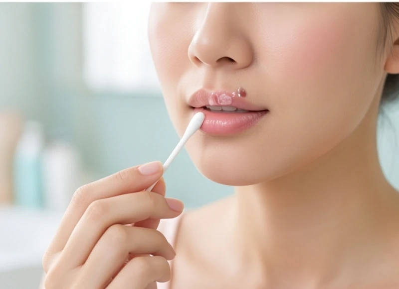 Chăm sóc vùng viền môi bằng tăm bông và thuốc mỡ sau khi thực hiện chiếu laser