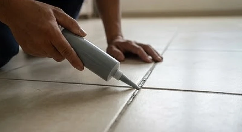 Đầu tuýp keo gốc Epoxy chuyên dụng đang được bơm trực tiếp vào khe hở hẹp trên nền gạch men