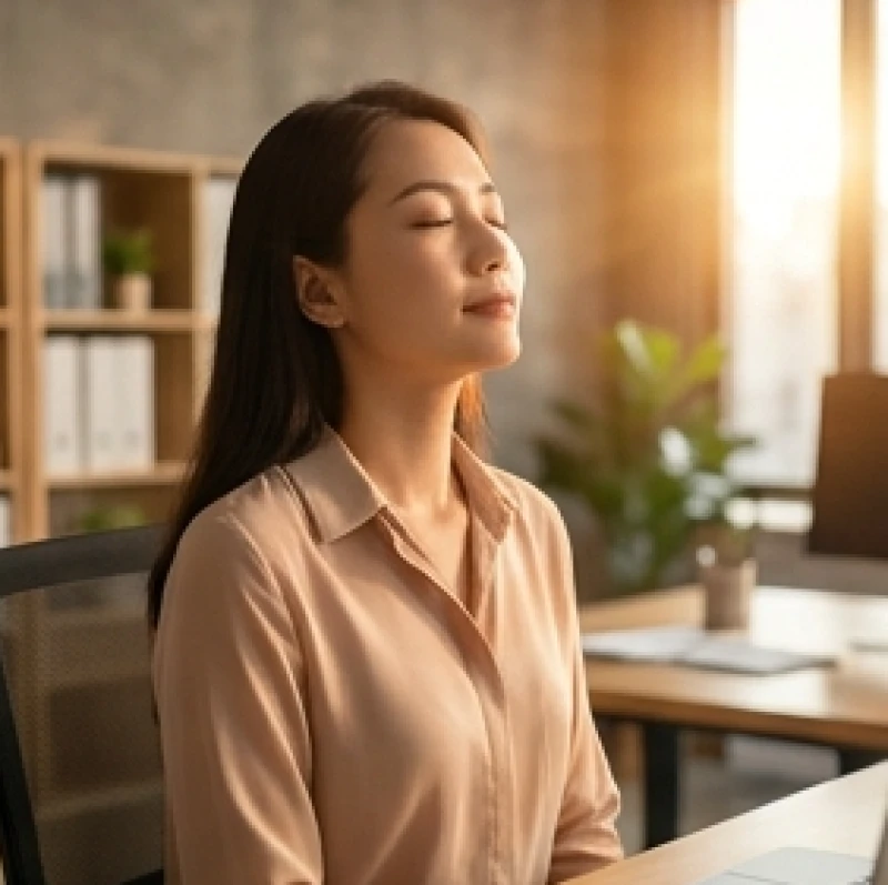 Hồi hộp bất thường là điềm gì: Giải mã 12 khung giờ & mẹo làm dịu 4 Người phụ nữ nhắm mắt hít thở sâu để tĩnh tâm xua tan cảm giác bồn chồn lo lắng