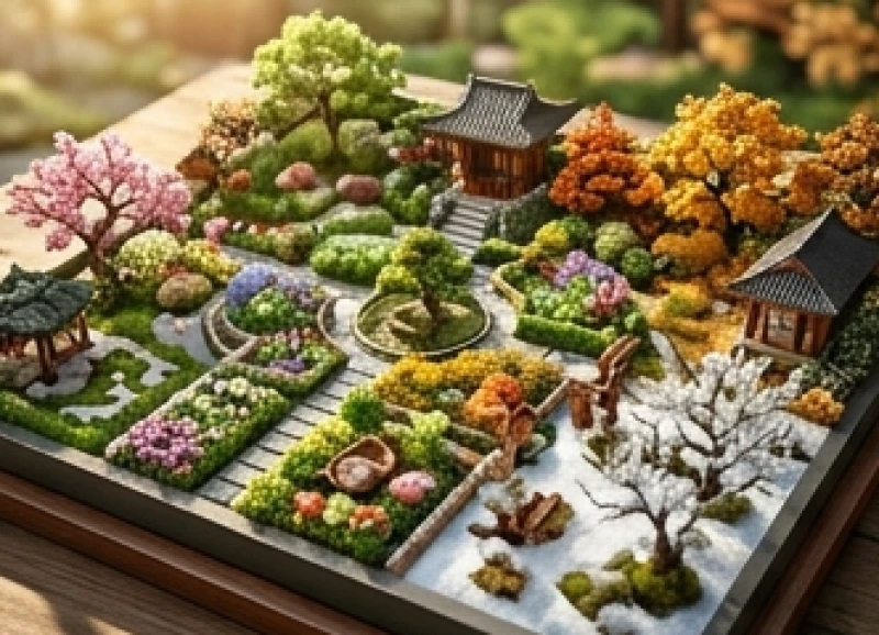 Bức tranh phong thủy chia thành bốn góc minh họa cho sự luân chuyển của bốn mùa.