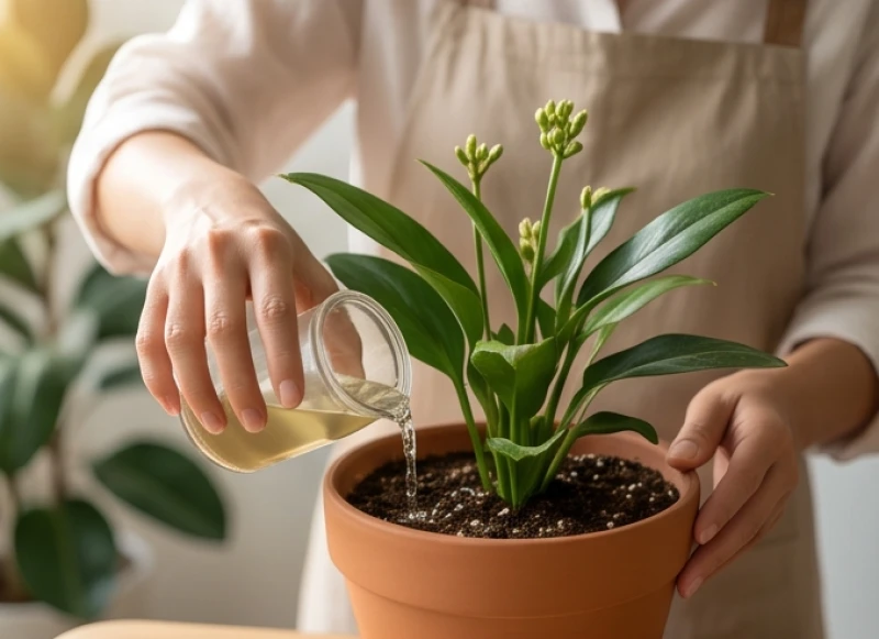 Sử dụng bình tưới cẩn thận quanh mép chậu và bổ sung phân lân cho cây cảnh đang nhú nụ