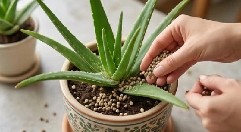 Người trồng rải phân hữu cơ trùn quế quanh gốc cây nha đam đang nhú nụ hoa để bổ sung năng lượng