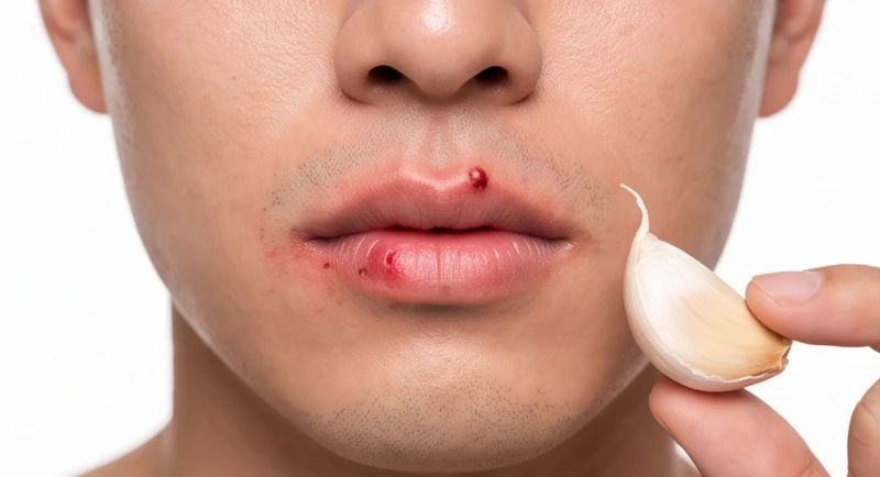 Vùng da môi bị tấy đỏ tổn thương do tự ý lột tẩy nốt ruồi tại nhà bằng các mẹo dân gian sai lệch