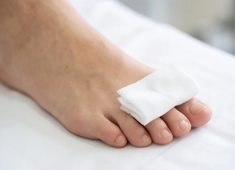 Một miếng gạc y tế mỏng vô trùng được kẹp cẩn thận giữa hai ngón chân để hút ẩm và bảo vệ vết thương