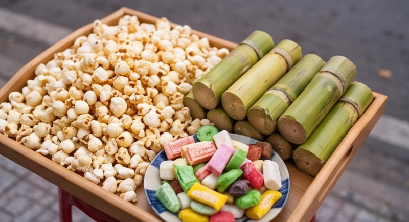 Các món lễ vật bổ sung như bỏng ngô và khúc mía cắt ngắn giúp mâm cúng cô hồn thêm phần tươm tất
