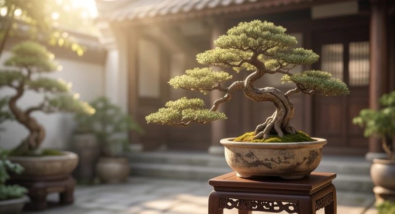 Chậu cây bonsai cổ thụ cành lá xum xuê đại diện cho sự kiên cường và sức sống trường thọ