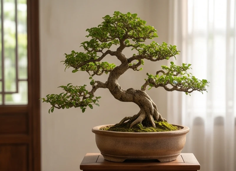 Chậu bonsai dáng trực mạnh mẽ vươn lên trong nắng ấm tượng trưng cho ý chí sinh tồn của nam mạng Mậu Tý