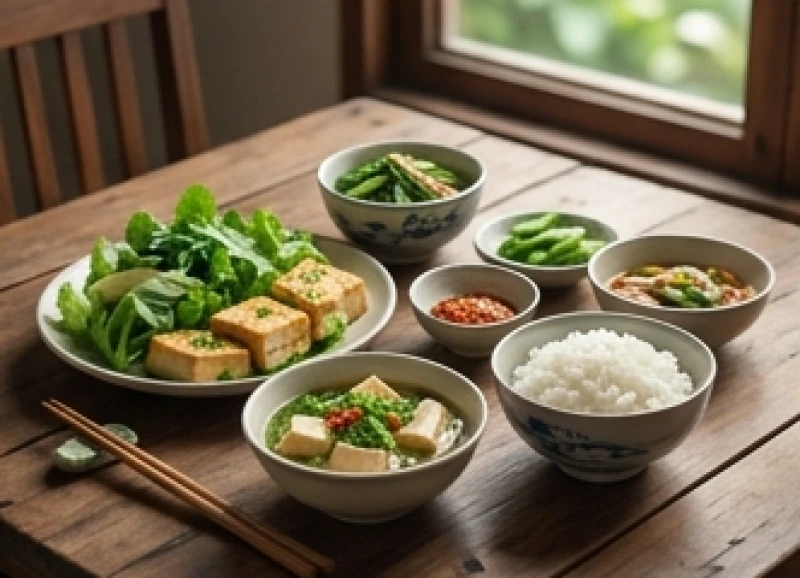 Bữa ăn chay giản dị thanh tịnh với rau củ tươi ngon bày biện đẹp mắt trên bàn gỗ