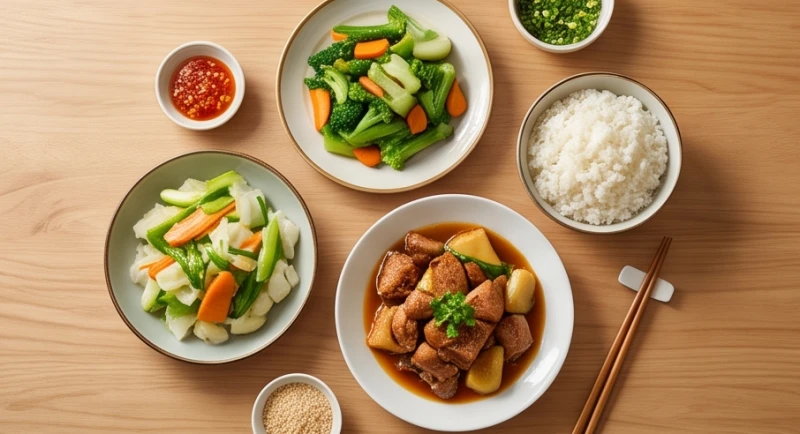 Bữa ăn gia đình đầy đủ dinh dưỡng với các món chín kỹ đảm bảo sức khỏe trong mùa thi