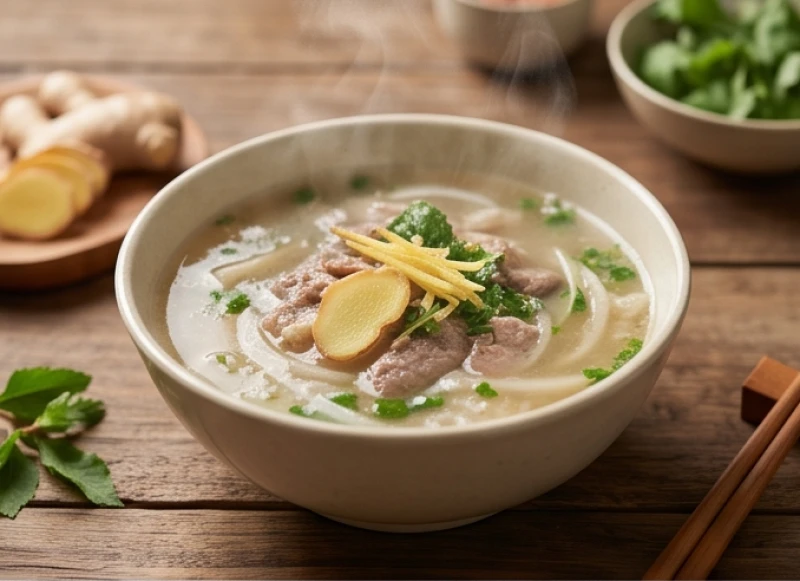 Bát súp ấm nóng rắc thêm chút gừng tươi giúp làm ấm dạ dày và dễ dàng tiêu hóa