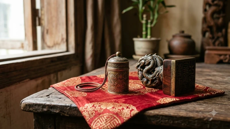 Vật phẩm phong thủy và lộc bình an xin từ đền miếu được đặt trang trọng trên tấm lụa đỏ