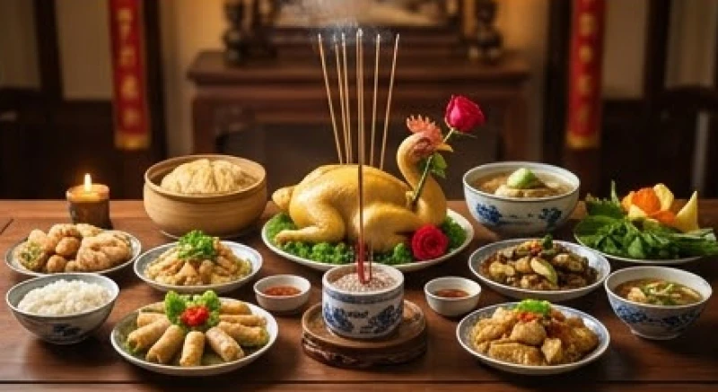 Bữa cơm cúng giỗ trang nghiêm với các món ăn truyền thống nhắc nhở về đạo hiếu và sự kết nối gia đình