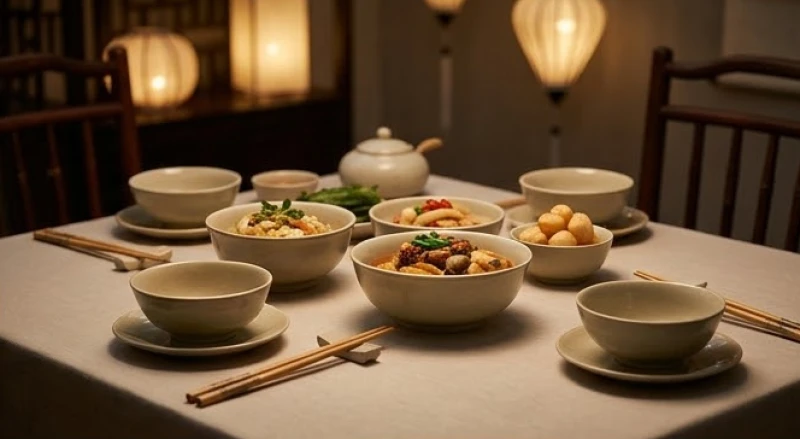 Không gian bàn ăn gia đình ấm cúng với những món ăn truyền thống được bày biện tinh tế, đẹp mắt