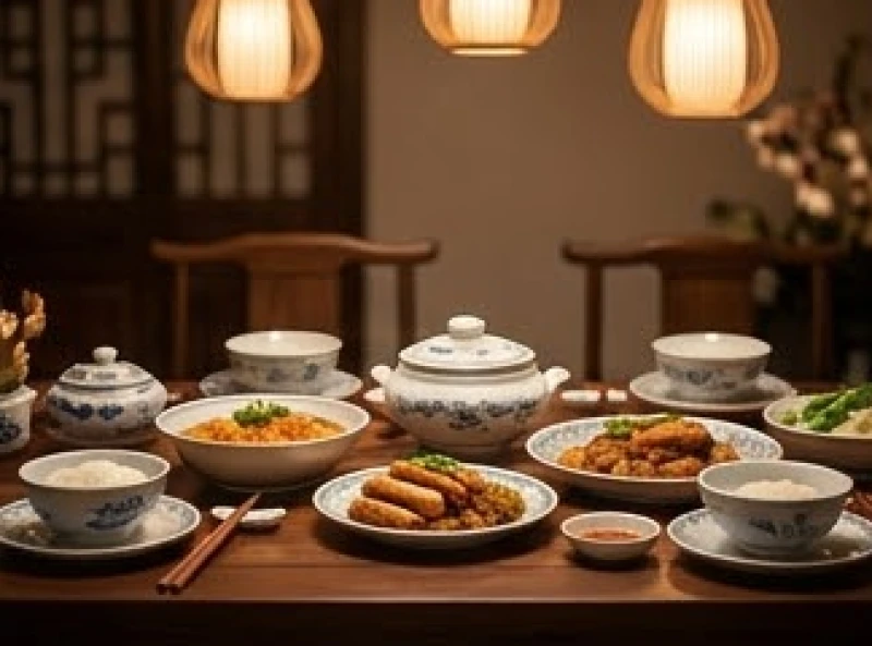 Mâm cơm gia đình với các món ăn truyền thống được bày biện tươm tất trong không gian bếp ấm cúng