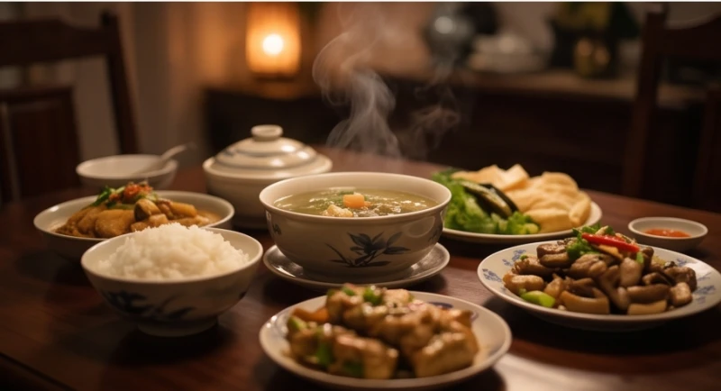 Mâm cơm ấm cúng được dọn sẵn với nhiều món ăn truyền thống đặt trên bàn gỗ