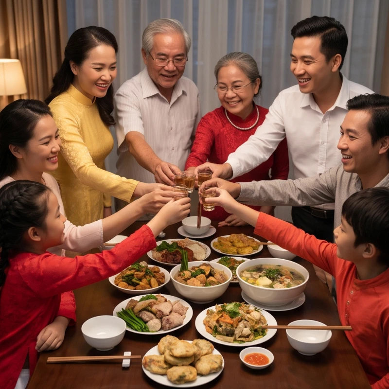 Mâm cơm tất niên ấm cúng với đầy đủ các thành viên nhiều thế hệ cùng nhau nâng ly chúc tụng