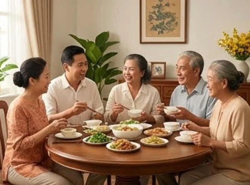 Tình duyên tuổi Mão năm 2027: Luận giải 5 nạp âm và lịch cưới 7 Cả gia đình nhiều thế hệ quây quần vui vẻ bên mâm cơm truyền thống với các món ăn đẹp mắt