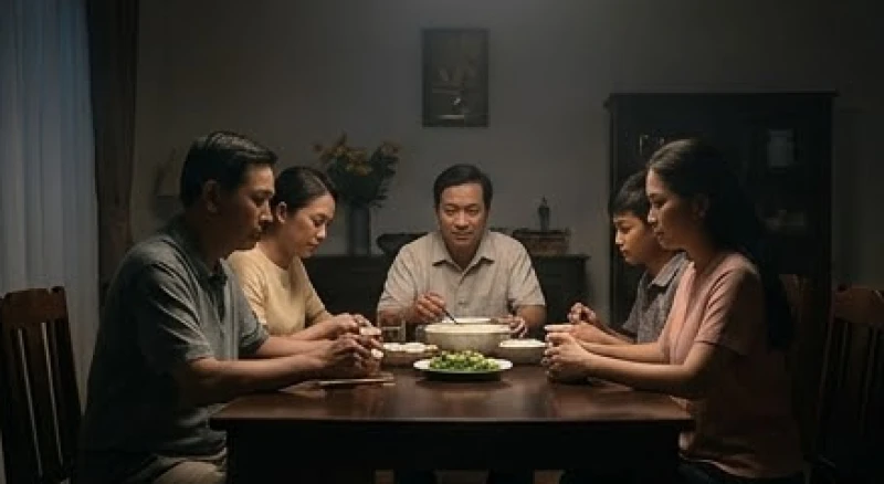 Một bàn ăn gia đình với khoảng cách ngồi khá xa nhau và không gian tĩnh lặng thiếu sự tương tác