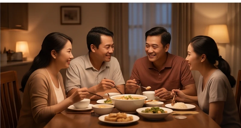 Gia đình quây quần ấm áp bên bàn ăn thể hiện sự gắn kết và trân trọng những khoảnh khắc hiện tại.